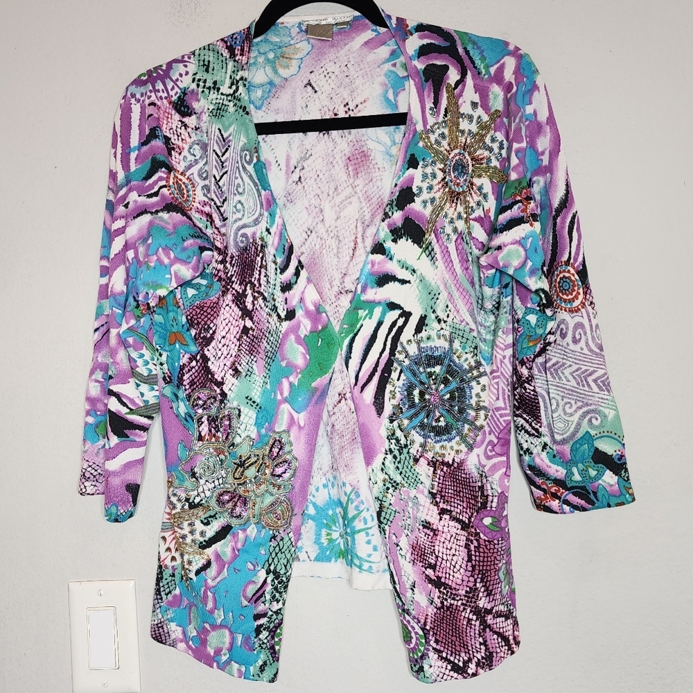 Alberto Makali Beaded Embellished Multicolored Stretchy‎ Knit Cardigan Large